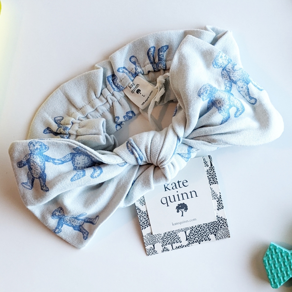NWT Kate Quinn Large Bow Elastic Headband Blue Teddy Bear